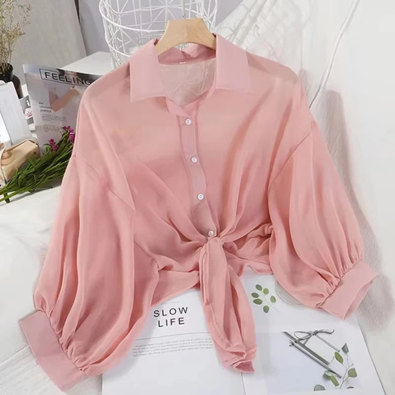 2025 Summer Half Sleeve Buttoned Up Shirt Loose Casual Blouse Chiffon Shirts Women Tied Waist Elegant Blouses for Women 9776
