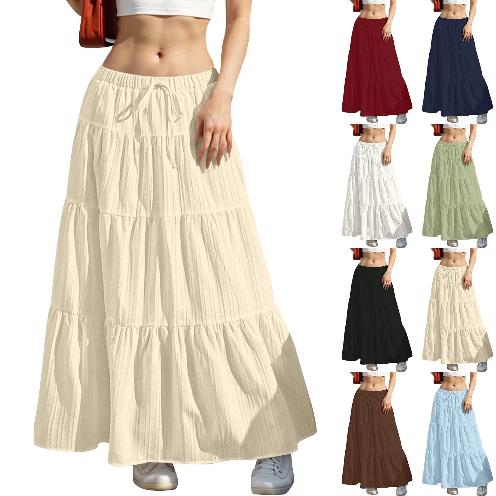 Fashion Women's Flared Ruffle Hem Women Solid Long Skirts Elastic Waist Elegant Long Skirt Spring Autumn Cake Dress Maxi Skirt
