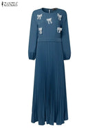 Stylish Women Patchwork Dresses 2026 ZANZEA Fashion Party Dress Spring Long Sleeve Bows Pleated Sundress Muslim Abaya Robe Femme