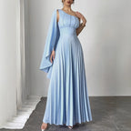 French Fashion New Temperament Single Shoulder Ribbon Waist Pleated Dress