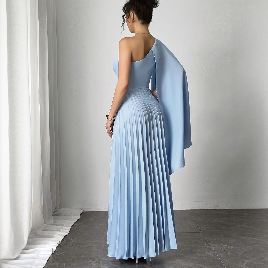 French Fashion New Temperament Single Shoulder Ribbon Waist Pleated Dress