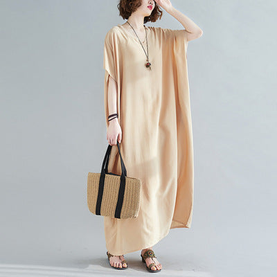 Plus Size Women's Bohemian V-neck Cotton Dress Solid Color Robe