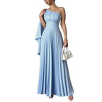French Fashion New Temperament Single Shoulder Ribbon Waist Pleated Dress