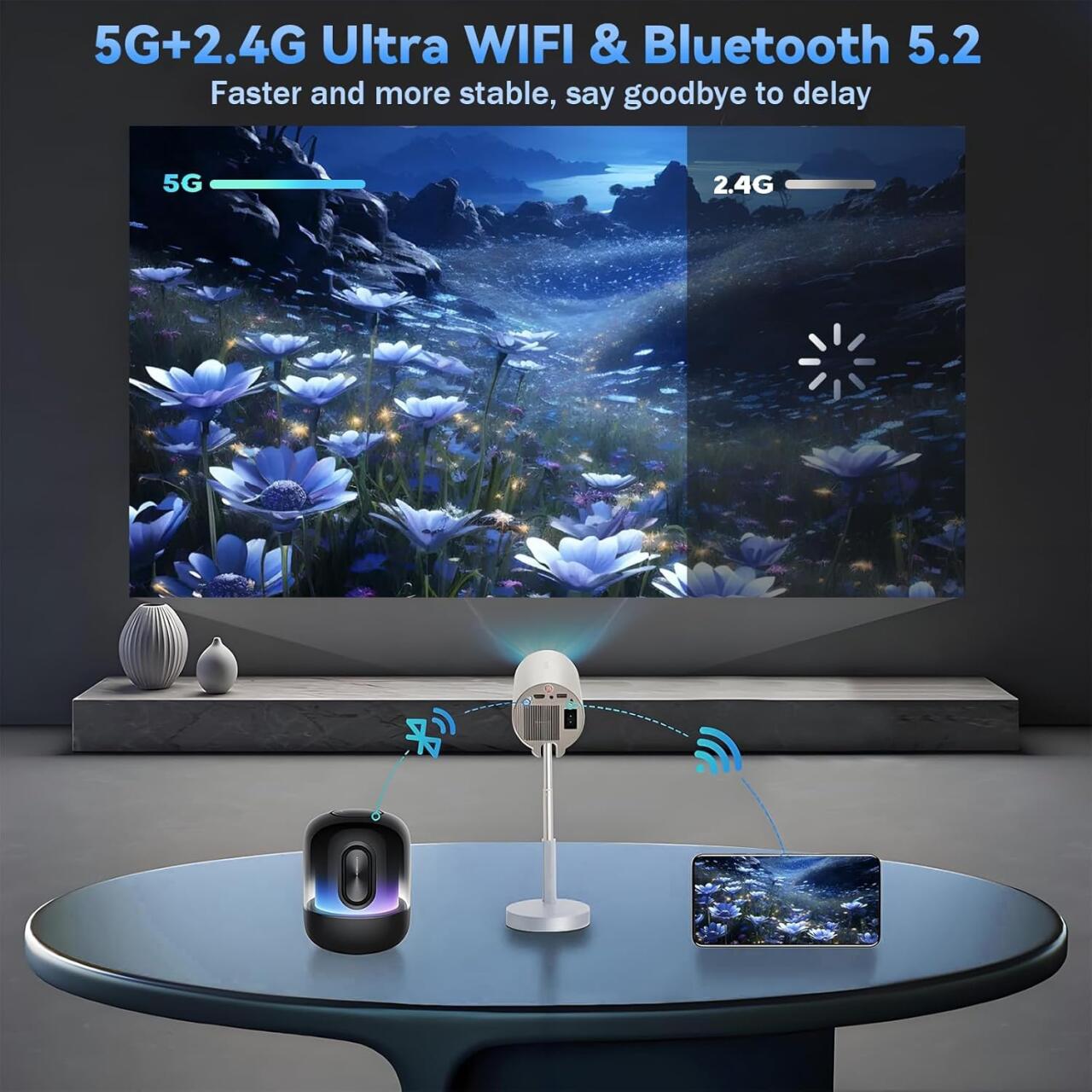 Projetor inteligente sem fios WiFi + Bluetooth com cabeça ajustável de 90°